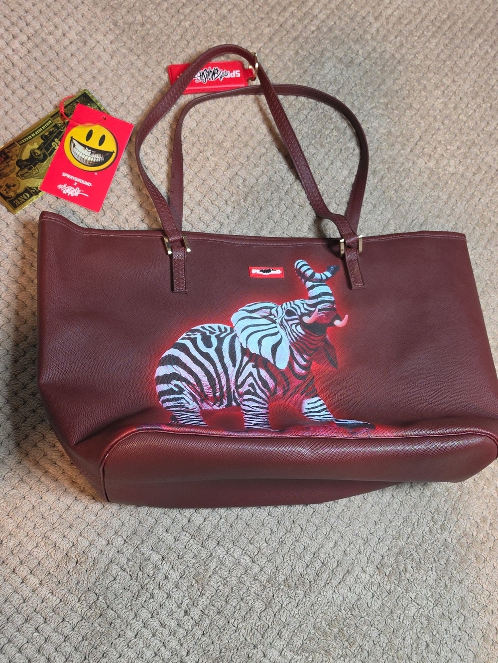 Sprayground Burgundy Zebra Elephant Tote
